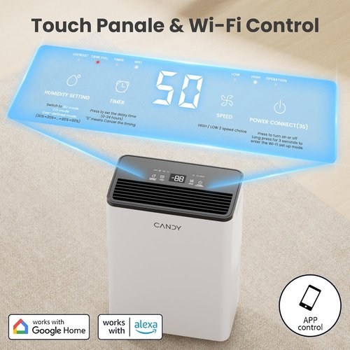 Candy Dehumidifier - 2000 Sq.Ft Portable 34 Pints with Smart Control & Continuous Mode | 0.66 Gal Tank for Home