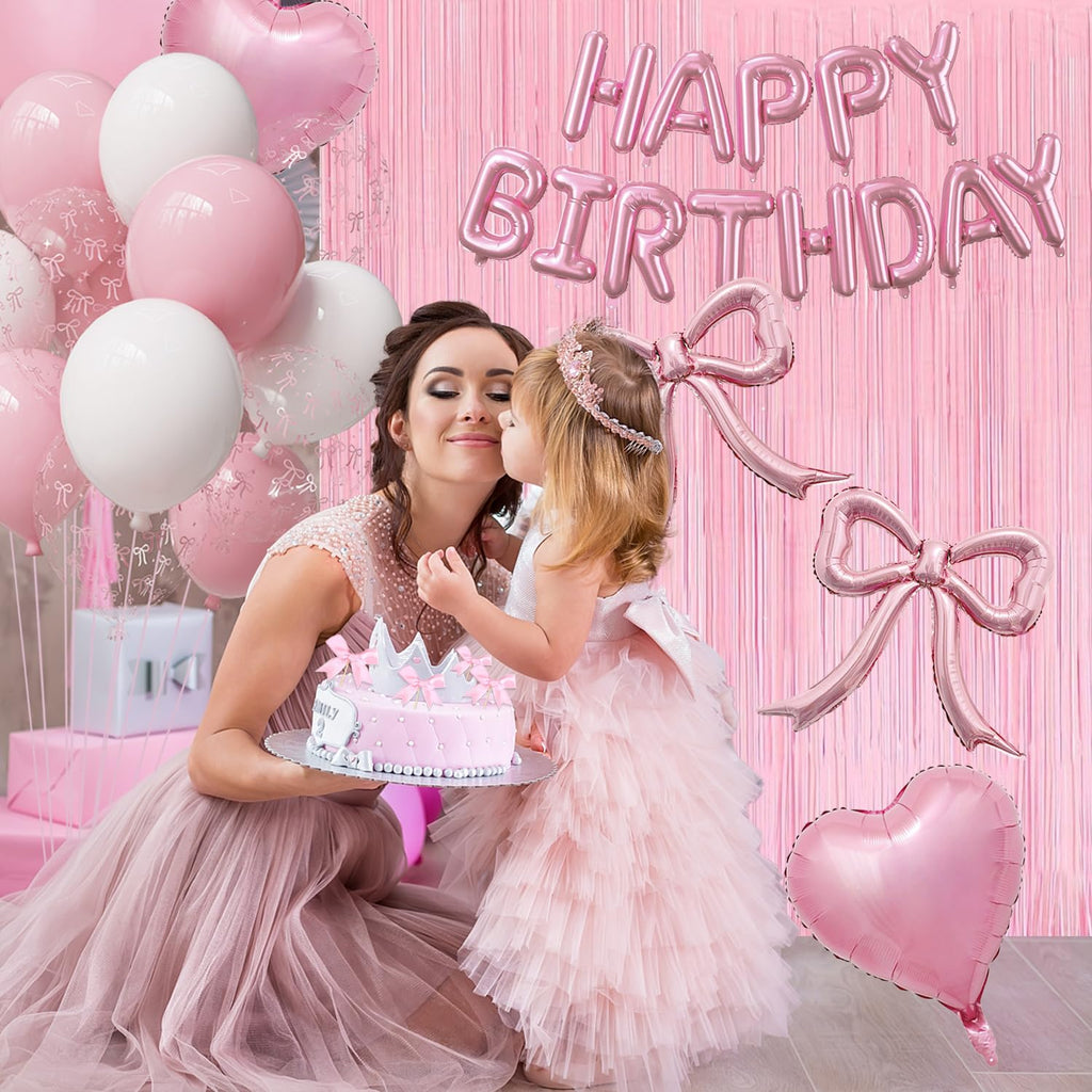 Pink Bow Birthday Party Decorations Kit with Bows Happy Birthday Balloon Banner, Pastel Pink Fringe Backdrop, Heart Balloons and Cake Toppers – Coquette Decor for Girls & Women