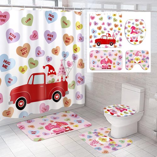 Drydiet 4 Pcs Valentines Shower Curtain Set with Non Slip Rugs Toilet Lid Cover Bath Mat and 12 Hooks Gnome Candy Conversation Heart Truck Bathroom Decor Valentine Shower Curtain for Bathroom