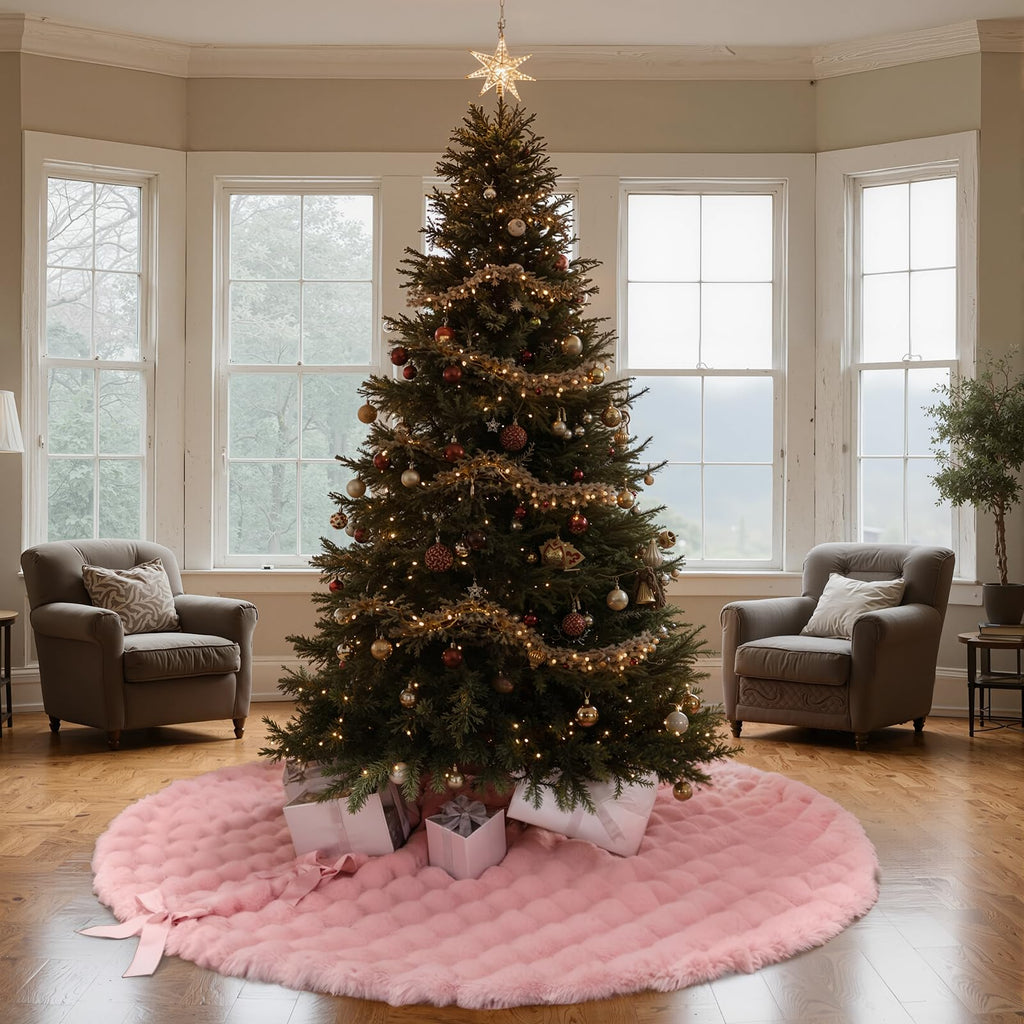 Pink Christmas Tree Skirt 72 Inch, Extra Large Faux Fur Tree Skirt, Thick Soft Plush Big Xmas Tree Skirts with Satin Ribbon Ties for Outdoor Indoor Merry Christmas Party 6/7/7.5/9ft Tree Decoration