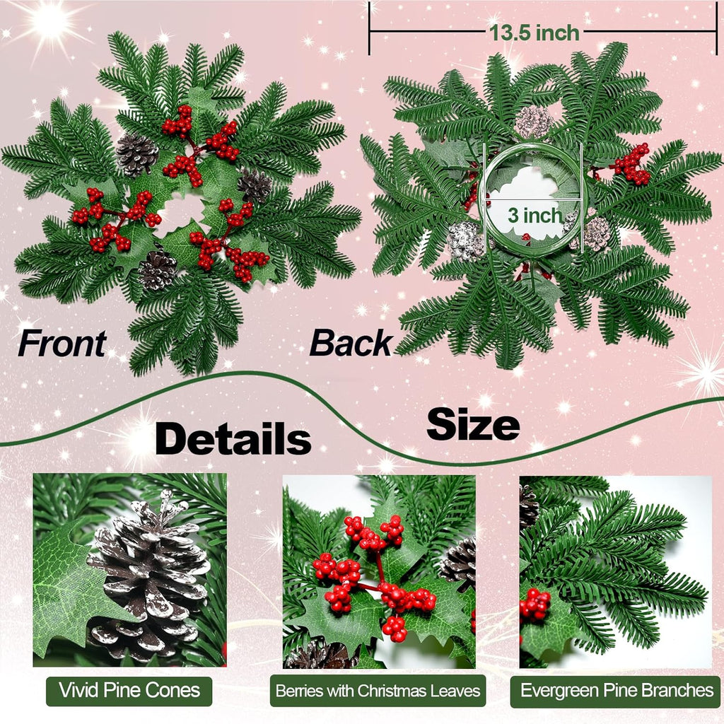 Skiennix Christmas Small Wreaths - 3Pcs 13.5-Inch Greenery Pine Candle Rings for Home Decor