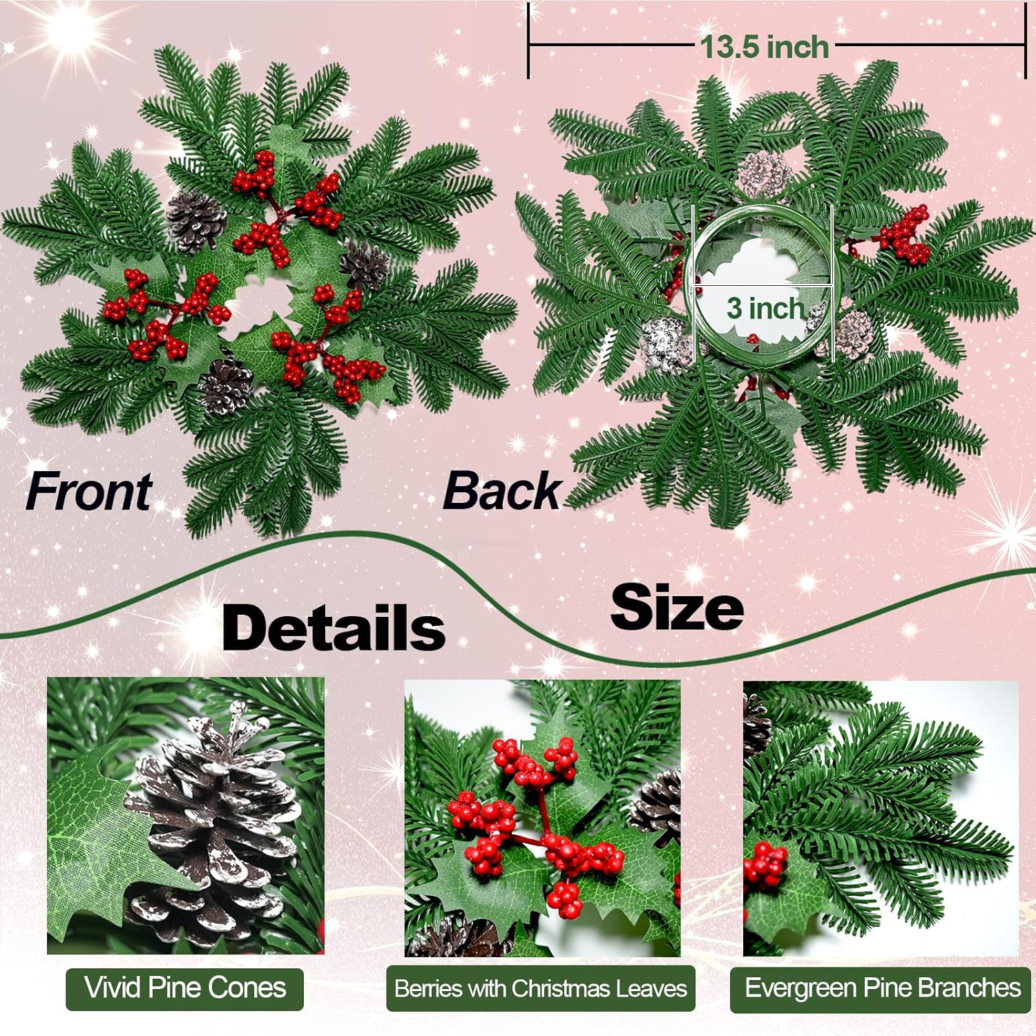 Skiennix Christmas Small Wreaths - 3Pcs 13.5-Inch Greenery Pine Candle Rings for Home Decor