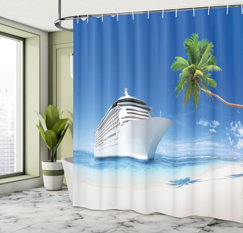 Ambesonne Travel Shower Curtain, Palm Trees by The Coastline on a Sandy Beach and Ship Nature Sunny Day Exotic Journey Seascape, Cloth Fabric Bathroom Set with Hooks, 69" W x 70" L, Blue Green White