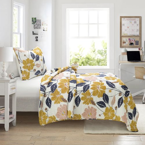 Lush Decor Lucia Abstract Floral Cotton Quilt Twin XL Size 2 Piece Set Yellow & Navy - Dorm Bedding Set Twin XL Quilt - Floral Quilts - Dorm Decor