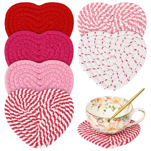 UPINS 6Pcs Valentines Heart Coasters,Handmade Braided Cotton Red Pink White Heart Coasters Valentine’s Day Drink Accessories