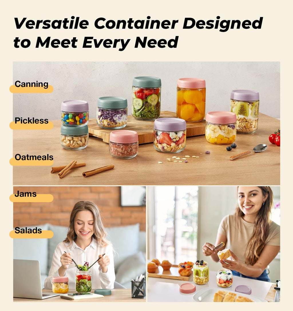 9 Pack Overnight Oats Containers with Lids, Large & Small Glass Mason Jars 16oz & 10oz & 4oz, Glass jars with Airtight Lids, Salad Meal Prep Jars for Food Storage, Overnight Oats Jars for Milk, Fruit
