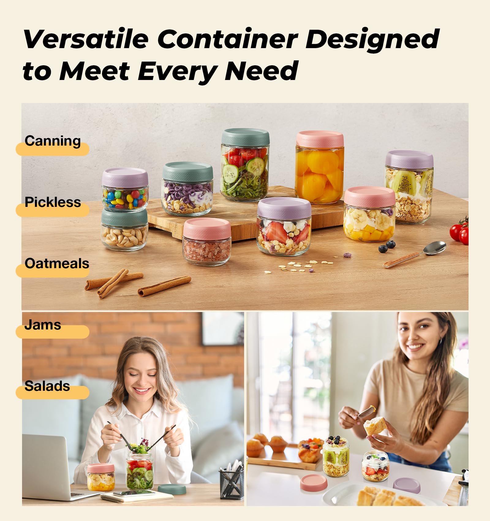 9 Pack Overnight Oats Containers with Lids, Large & Small Glass Mason Jars 16oz & 10oz & 4oz, Glass jars with Airtight Lids, Salad Meal Prep Jars for Food Storage, Overnight Oats Jars for Milk, Fruit