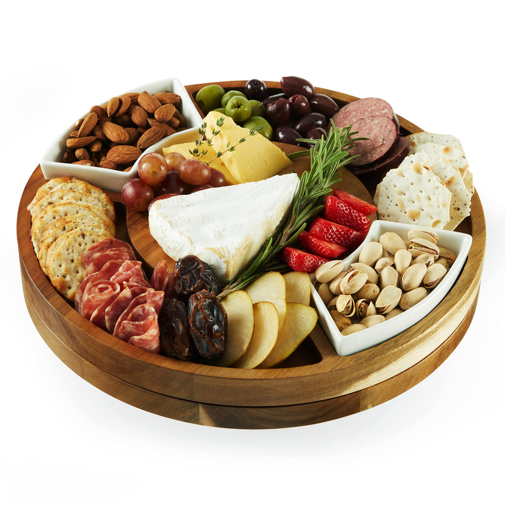 Twine Rotating Wood Serving Board - Round Charcuterie Board - Lazy Susan Wooden Cheese Board Set with Ceramic Dishes - Set of 1