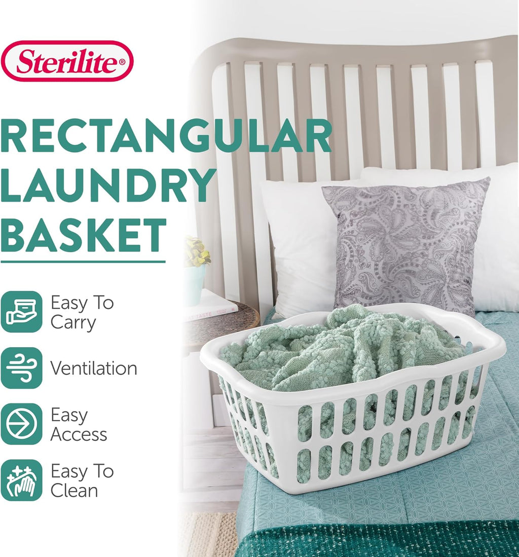 Sterilite Rectangular Laundry Basket - 12-Pack Plastic Clothes Hamper, 1.5 Bushel, White | Ideal for Bedroom & Bathroom Storage