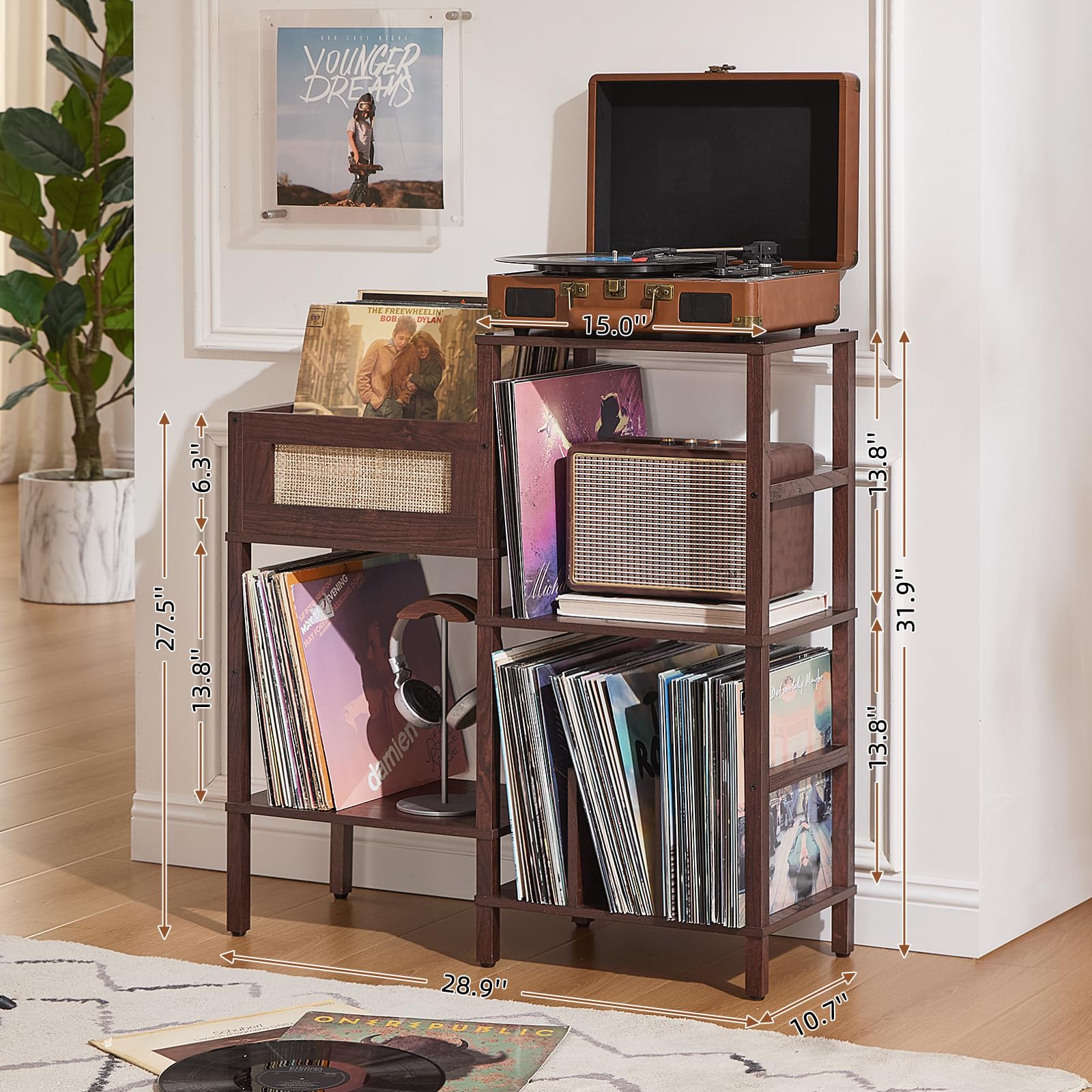 LELELINKY Record Player Stand, Vintage Walnut Wood Record Holder with Vinyl Storage Holds up to 300+ Albums, 3-Tier Rattan Media Table with Vinyl Display Shelf, Record Storage Cabinet for Living Room