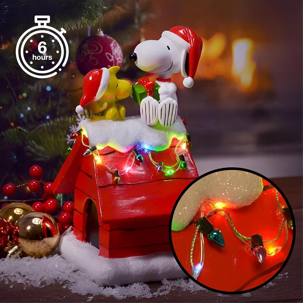 Mark Feldstein Peanuts Snoopy's Dog House Figurine - LED Christmas Lights | 7.5 Inch, Red