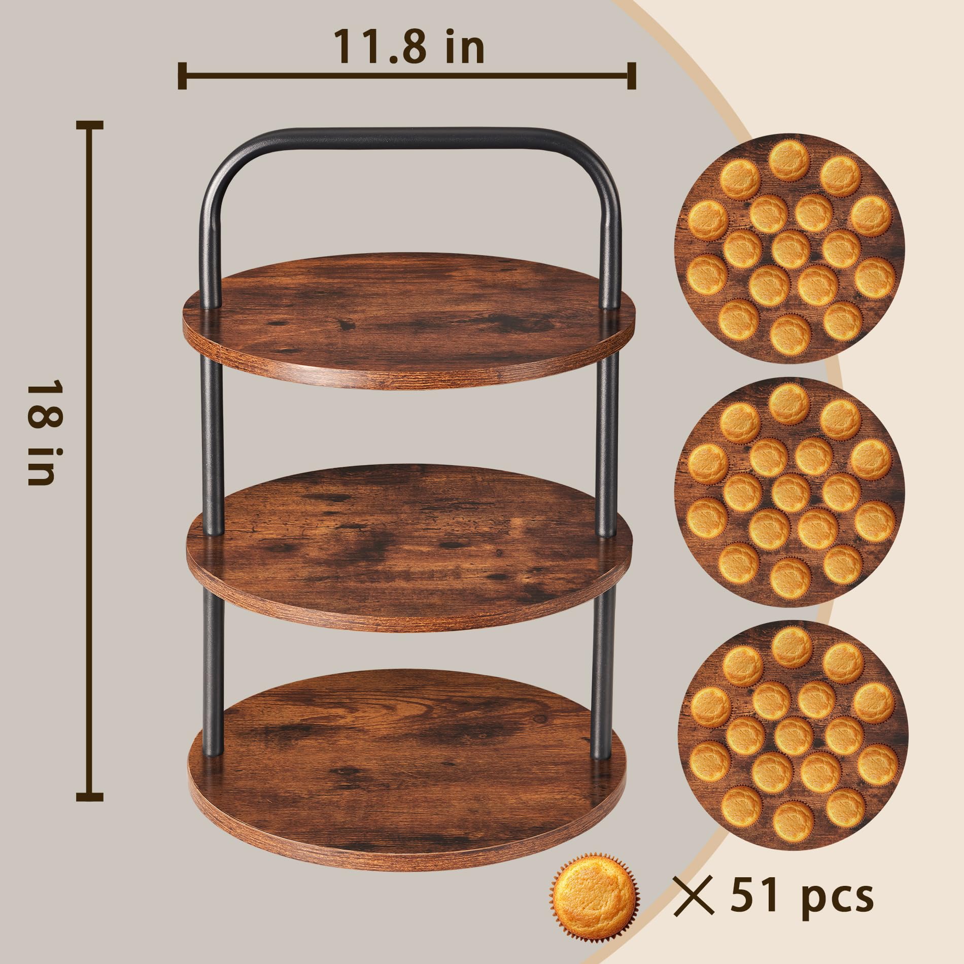 Cupcake Stand, Tower-Style for 50 Cupcakes - Large 3-Tier Dessert Table Display & Serving Tray Set, Tiered MDF Cake Stand for Wedding Birthday Baby Shower (1 Pack)
