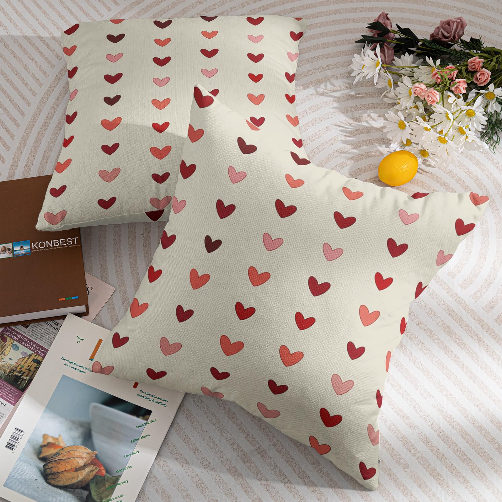 Valentines Pillow Covers 18x18 Set of 2 Valentine's Day Red Pink Love Heart Stripe Decorative Outdoor Throw Pillows Farmhouse Holiday Valentine Decor Pillowcases Cushion Cases for Sofa Couch Bed