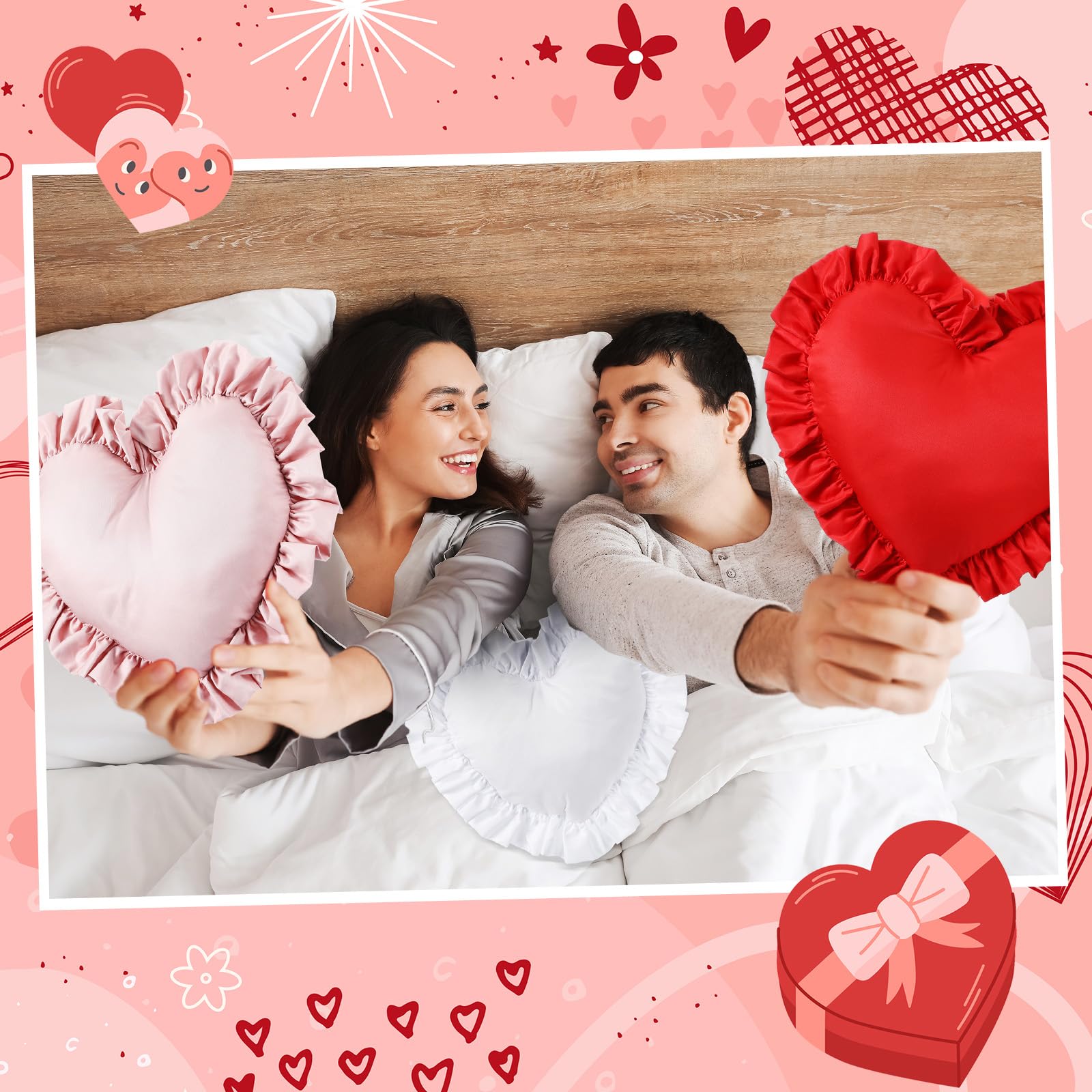 Tingjoo Heart Shaped Throw Pillow Set of 3, Ruffle Valentine's Day Pillows for Couch Sofa Bed, Red Pink White Love Decorative Plush Cushions, Cute Romantic Anniversary Home Decor, Gift for Her
