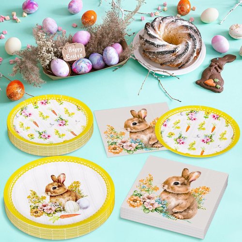 Happy Easter Party Supplies - 150 Count Disposable Tableware Set | 9" Dinner Plates, 7" Dessert Plates & Napkins