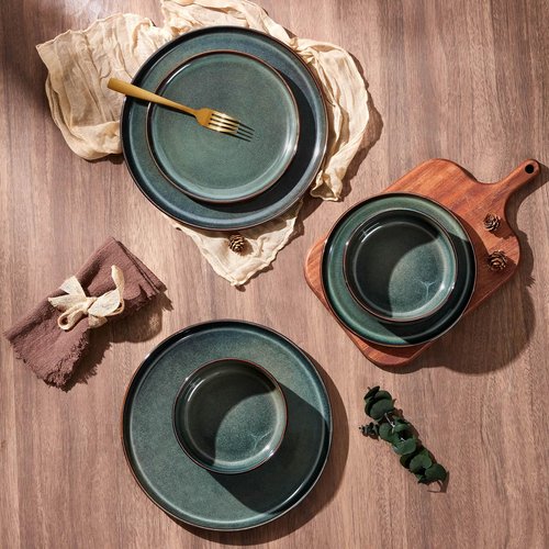 E-far Dinnerware Sets for 4, 12-Piece Stoneware Plates and Bowls Set, Ceramic Dishes Reactive Glaze Dinning Ware, Microwave & Dishwasher Safe - Obsidian Green