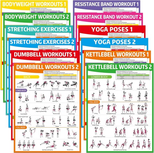 **Gisgfim 12PCS Workout Posters - Full Body Exercise Charts for Home Gym | Dumbbells, Yoga, Resistance Bands**