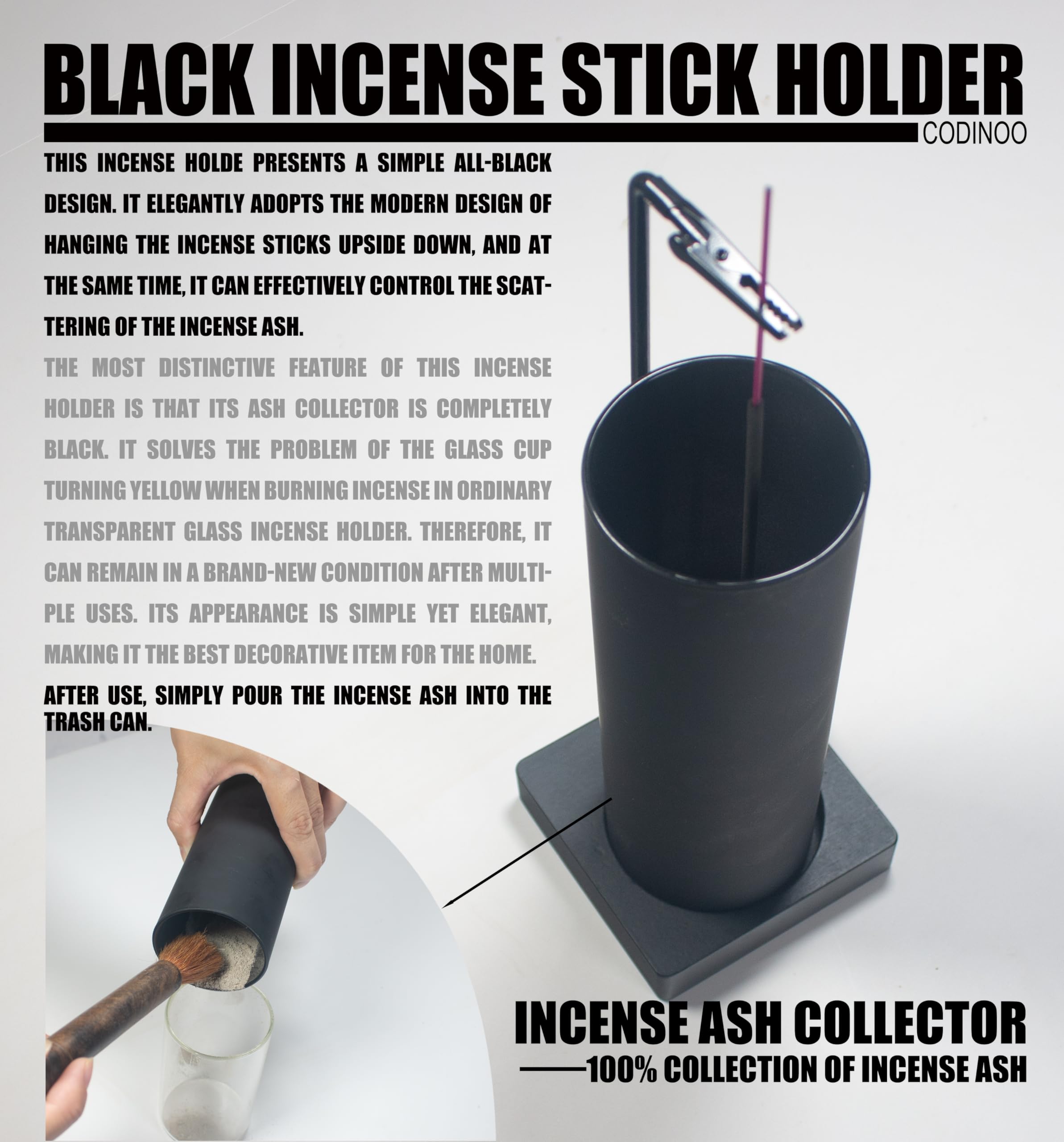 CODINOO Incense Holder for Sticks,Incense Burner Holder,Modern Incense Holder for Stick with Glass Ash Catcher,Insence-Stick Holder [Anti-Ash Flying] for Yoga Spa (Upside Down Full Black)