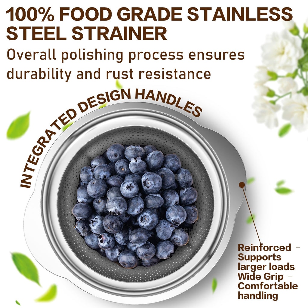 Stainless Steel Colander for Kitchen, Stainless Steel Strainer, Pasta Strainer for Spaghetti Fruit Cooking Food, 3 Pcs Strainers and Colanders(2QT, 3QT, 5QT), Dishwasher Safe, Kitchen Present