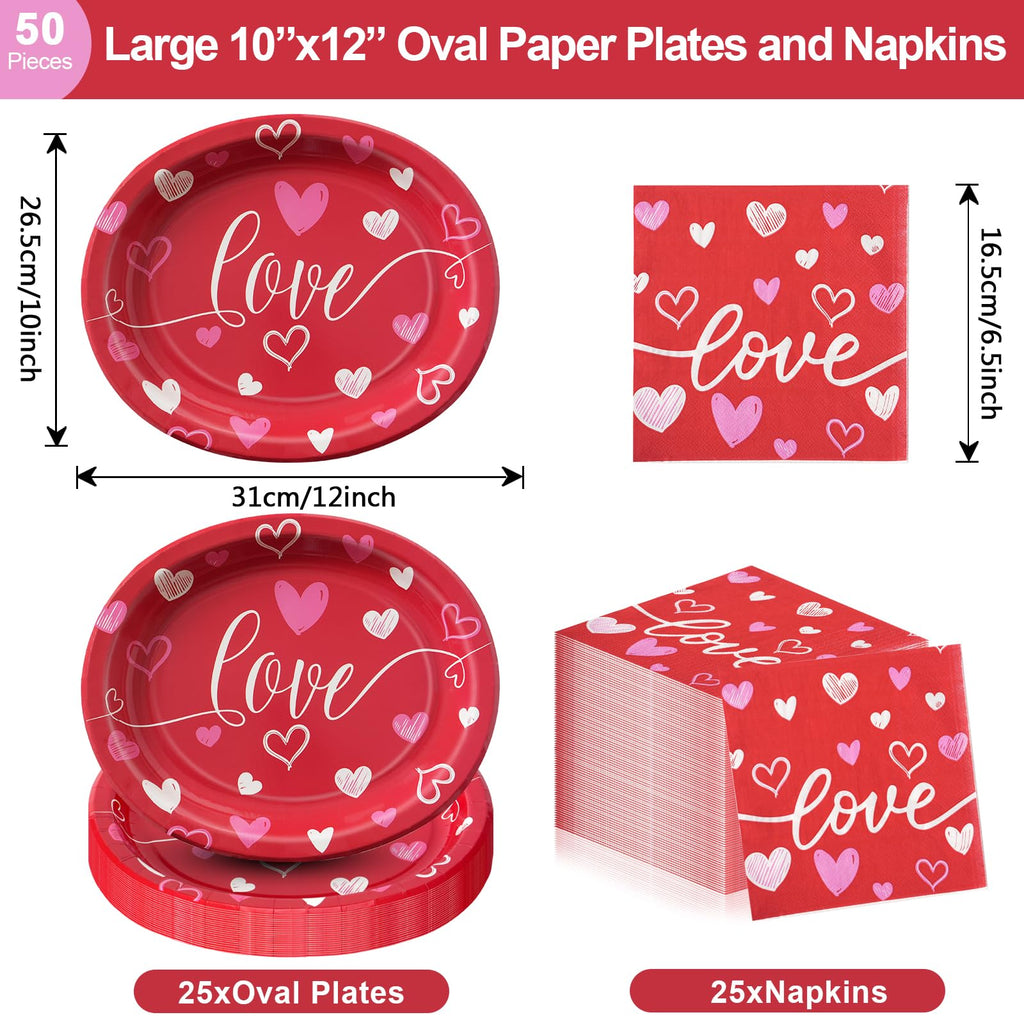 Dereinwo 50Pcs Valentines Day Large 12" x 10" Oval Paper Plates and Napkins Disposable Heavy Duty Paper Plates and Napkins for Valentines Day Party Supplies