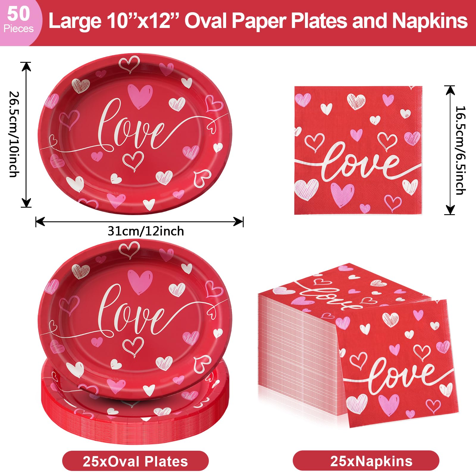 Dereinwo 50Pcs Valentines Day Large 12" x 10" Oval Paper Plates and Napkins Disposable Heavy Duty Paper Plates and Napkins for Valentines Day Party Supplies