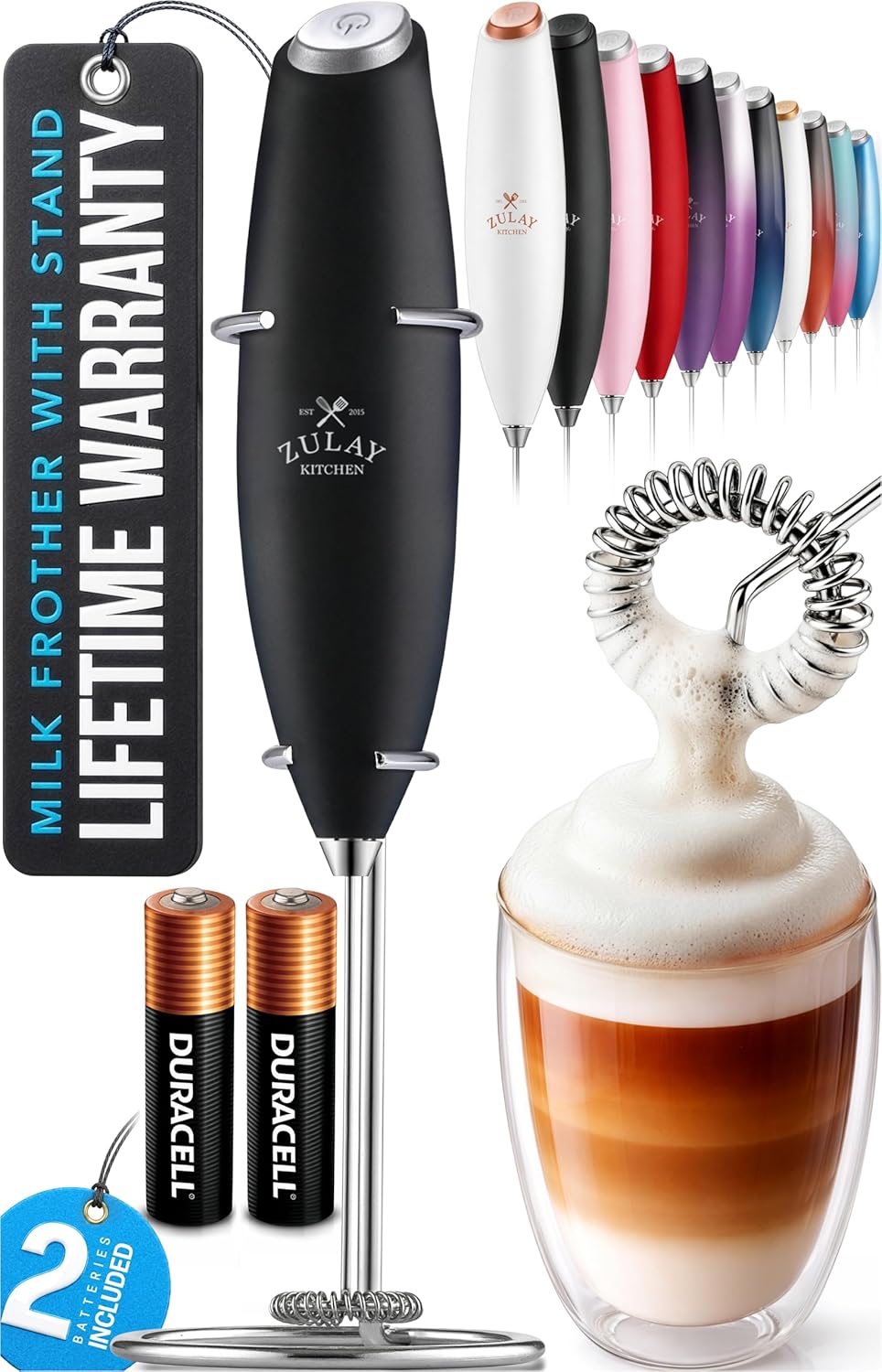 Zulay Kitchen Milk Frother Wand - Ultra-Fast Handheld Electric Whisk for Coffee & Lattes - Black