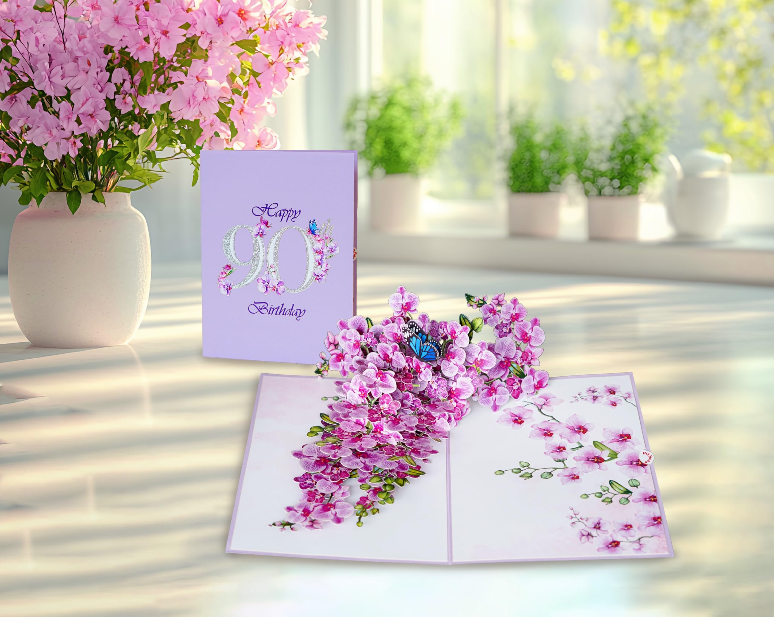 PQ Bees Orchid Happy 90th Birthday Card, 3D Birthday Cards for Women, 6x8in Pop Up Gifts for Mom, Wife, Him, Her, Daughter, Sister, Grandma (Size 6x8 - Happy 90th BD)