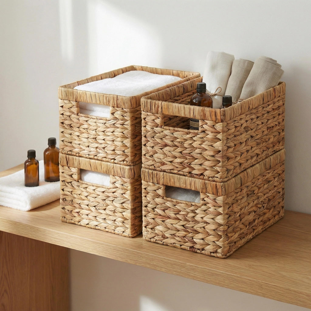 Water Hyacinth Storage Baskets for Shelves, Set of 4 Wicker Pantry Shelf Baskets with Built-In Handles, Woven Organizer Bins for Closet, Bathroom, Kitchen Cabinets, 13 x 8.25 x 7 In