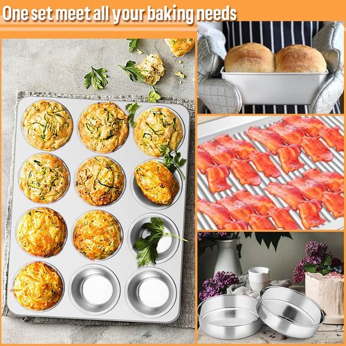 E-far Stainless Steel Baking Pans Set - 6-Piece Non-Toxic Bakeware for Oven | Includes 8-Inch Cake Pan, Cookie Sheet, Muffin & Loaf Pan, Dishwasher Safe