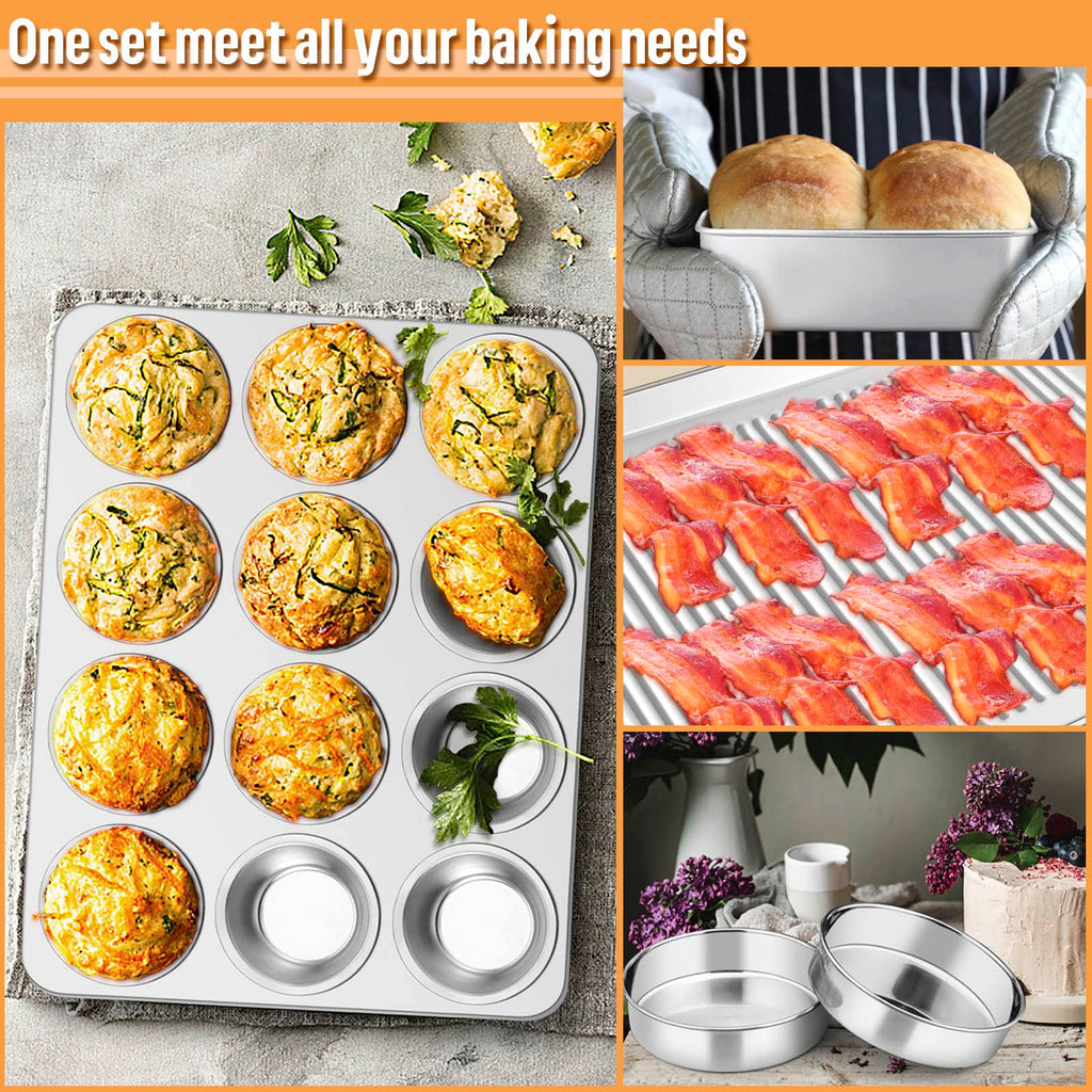 E-far 6-Piece Baking Pans set, Stainless Steel Bakeware Set for Oven, Include 8-Inch Cake Pan/Rectangle Baking Cookie Sheet/Muffin/Loaf Pan, Non-Toxic & Heavy Duty, Dishwasher Safe