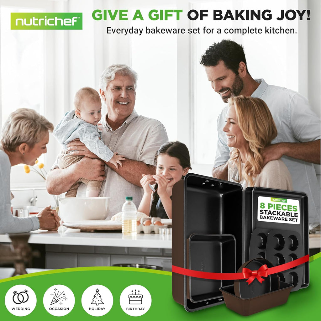 NutriChef 8-Piece Nonstick Bakeware Set - Non-Toxic Carbon Steel Trays for Easy Baking & Cleanup - Brown