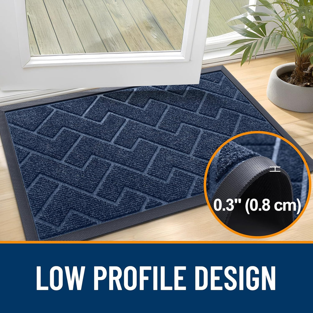 OLANLY Waterproof Front Door Mat - All-Season Indoor/Outdoor Doormat | Sturdy Natural Rubber, Herringbone Brick (Blue, 47x17)