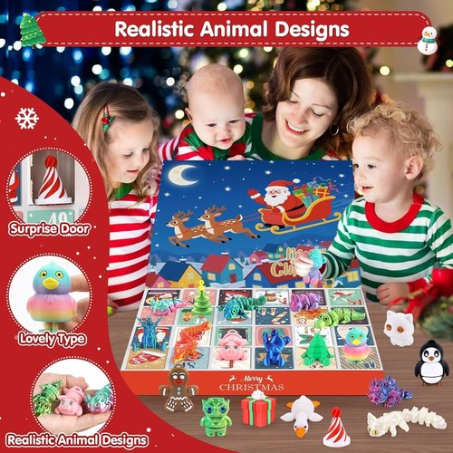 FLY2SKY Advent Calendar 2025 - 24 Days of Fun Gifts for Kids | 3D Printed Animal Toys & Party Favors