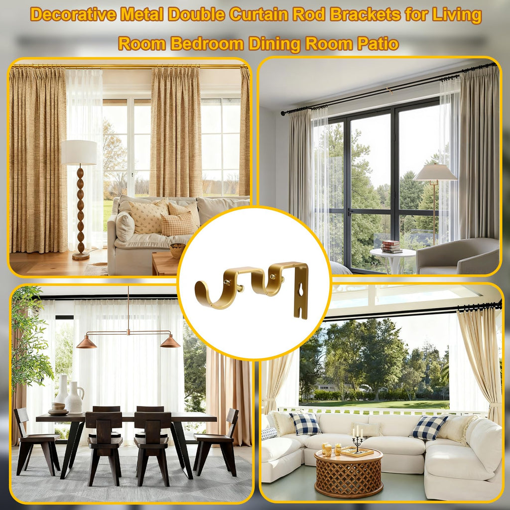 Shonmogar Double Curtain Rod Bracket 6 Pack Metal Curtain Rod Holders for Wall Sturdy Curtain Bracket for 1 Inch Curtain Rod Gold Wall Mounted Curtain Rod Hooks for Bedroom Living Room Patio