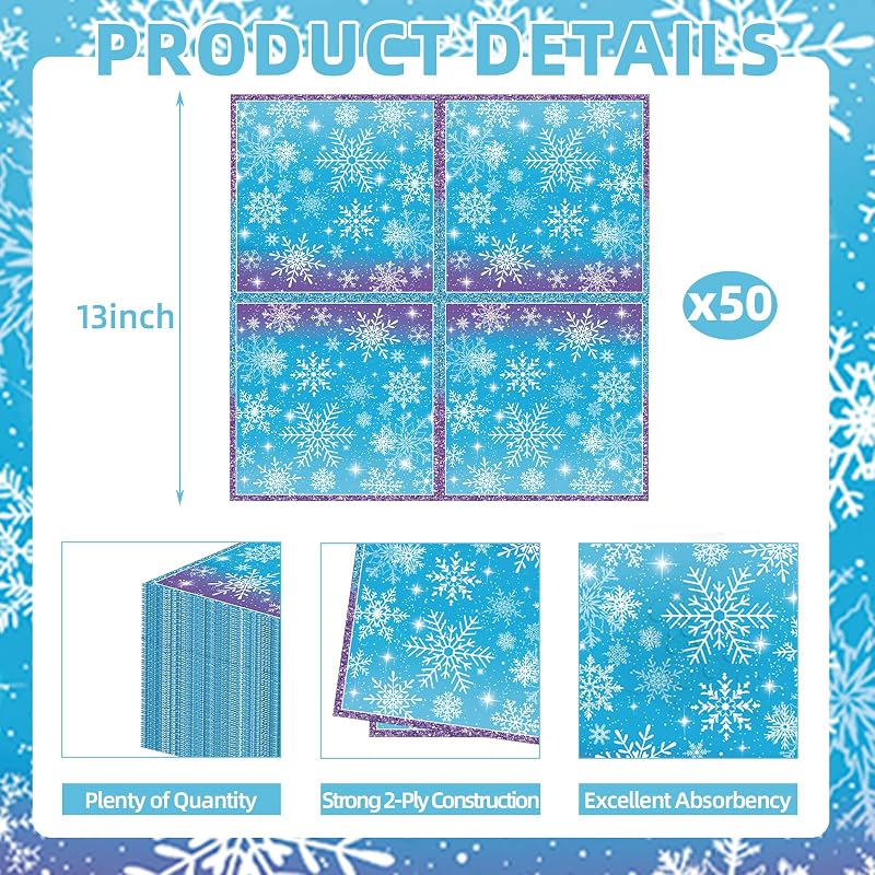 Snowflake Winter Napkins (50 Pack) 13 x 13in Disposable Party Paper Napkins