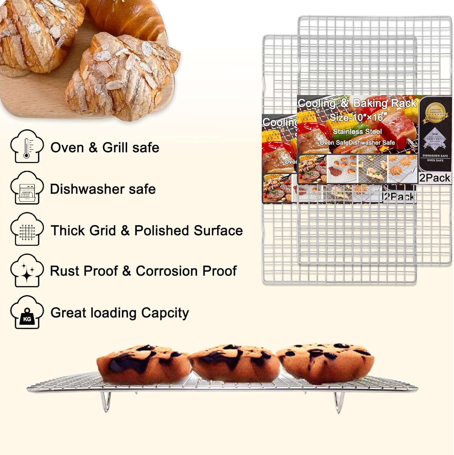 Regine Switzerland Cooling Rack Set - 10" x 15" Stainless Steel Cookie Racks with Cleaning Brush