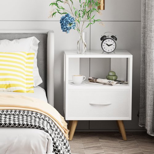 Aenuert Night Stand, White Kids Nightstand with Drawer, Nursery Side Table with Open Storage, 2-Tier Modern End Table, Bedside Table for Small Space, Living Room, Bedroom