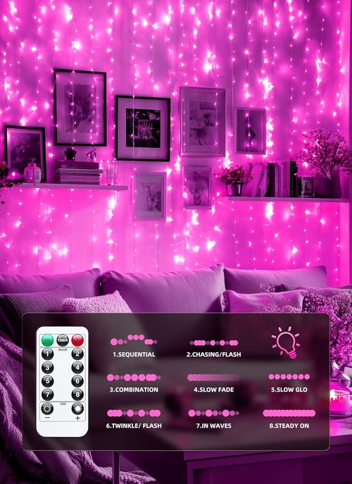 Brightown 300 LED Pink Fairy Curtain Lights - 9.8ft String Lights with Remote & 8 Modes for Indoor/Outdoor Decor