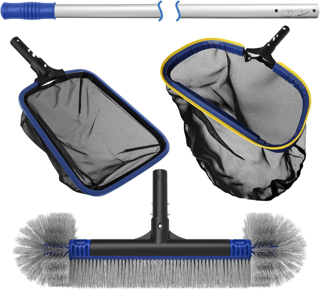 Poolvio 5-in-1 Pool Cleaning Kit - Semi-Deep Skimmer, Aluminum Leaf Rake & 20' Brush with 13' Pole