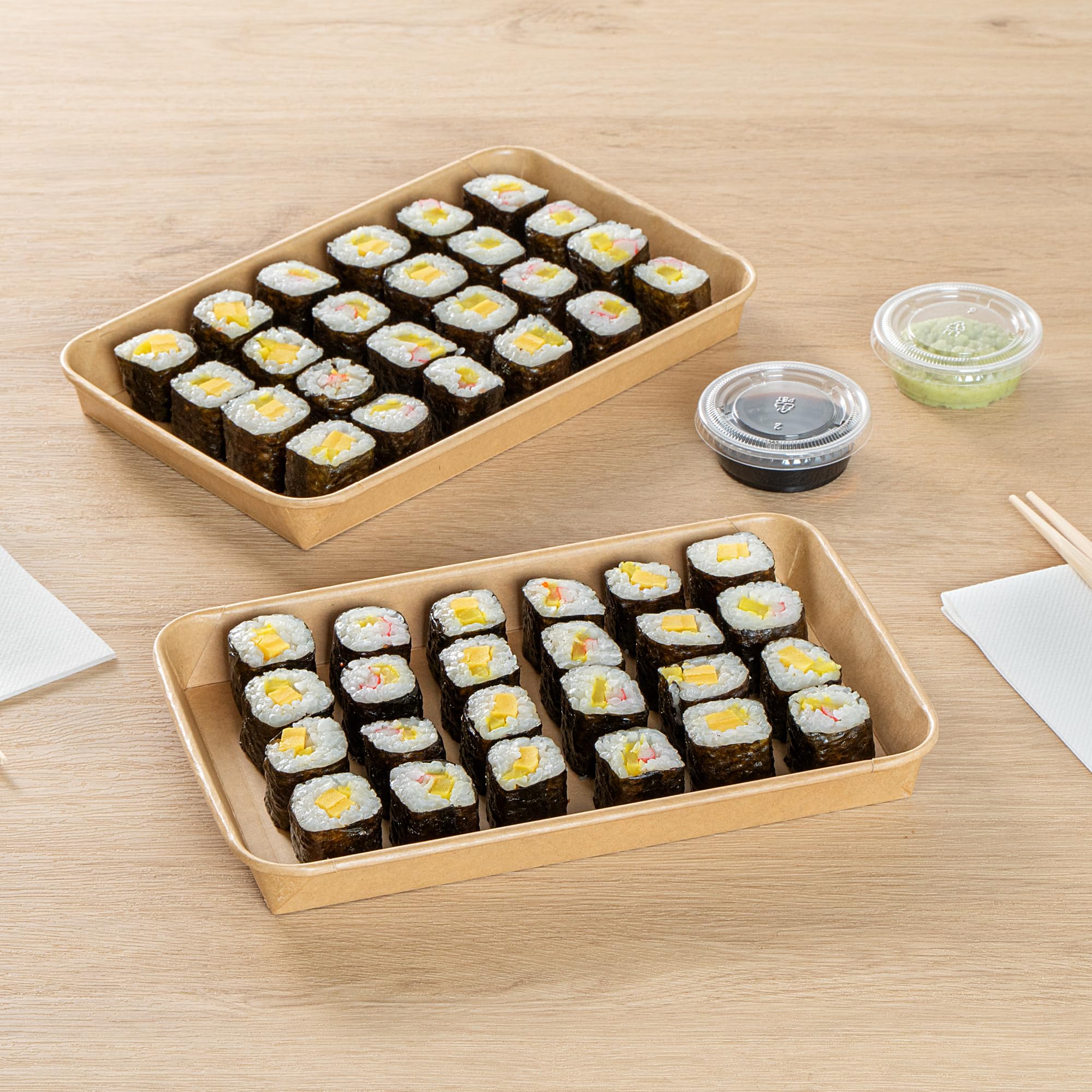 Matsuri Vision 9.5 x 6 x 0.9 Inch Sushi Trays, 100 Greaseproof Sushi Packaging Boxes - Lids Sold Separately, Disposable, Kraft Paper Sushi Containers, For Appetizers Or Desserts - Restaurantware