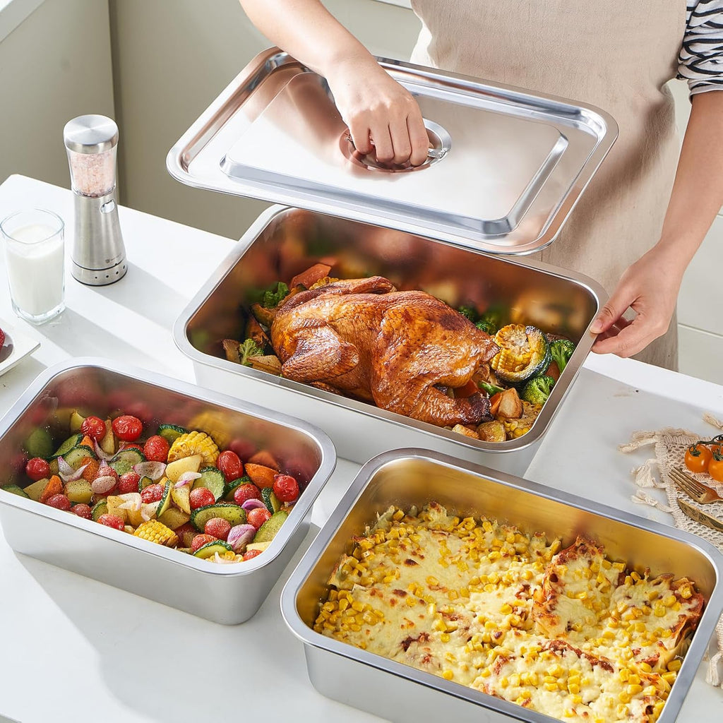 Skiennix 4-Piece Extra Deep Lasagna Pan Set - 11.6x15.6 Inch Nonstick Stainless Steel with Lid | 9.2QT Capacity