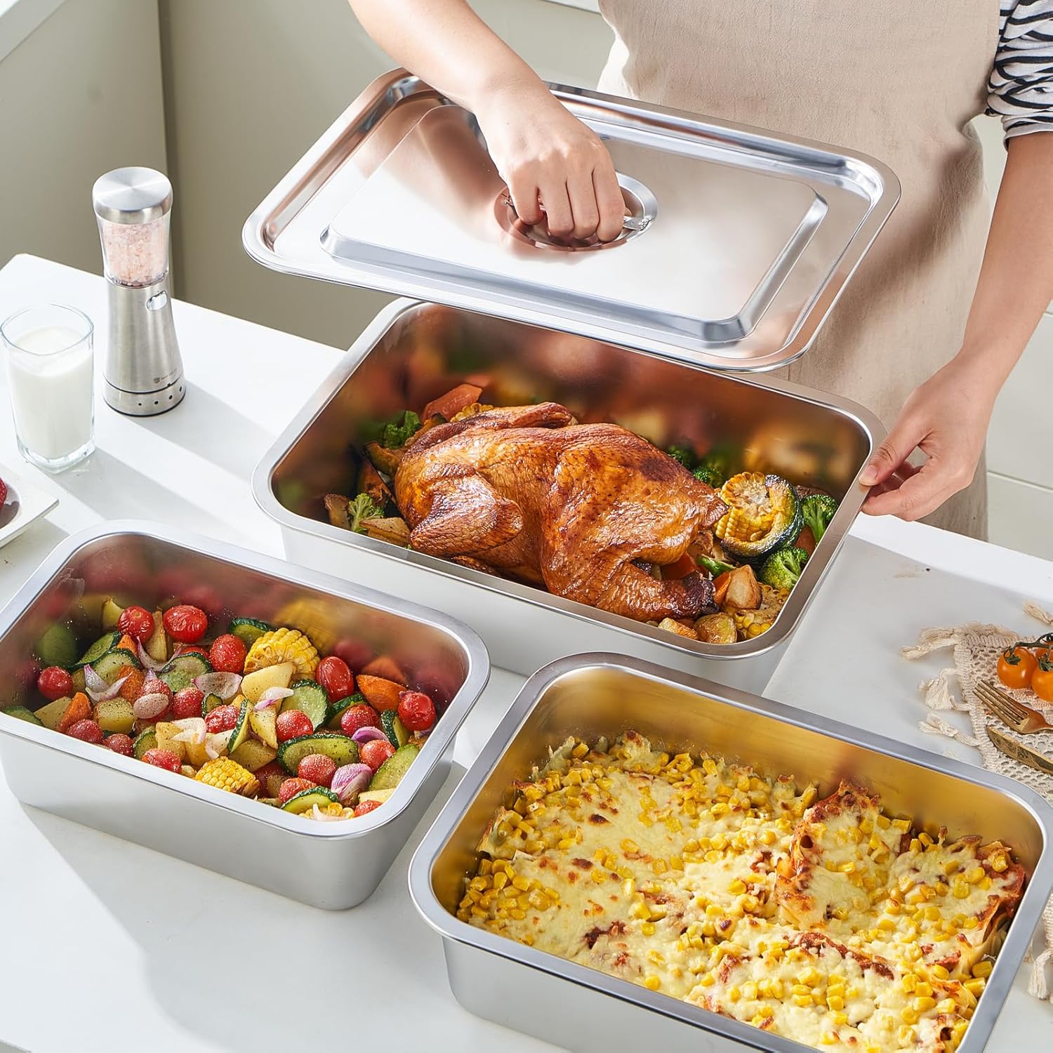Skiennix 4-Piece Extra Deep Lasagna Pan Set - 11.6x15.6 Inch Nonstick Stainless Steel with Lid | 9.2QT Capacity