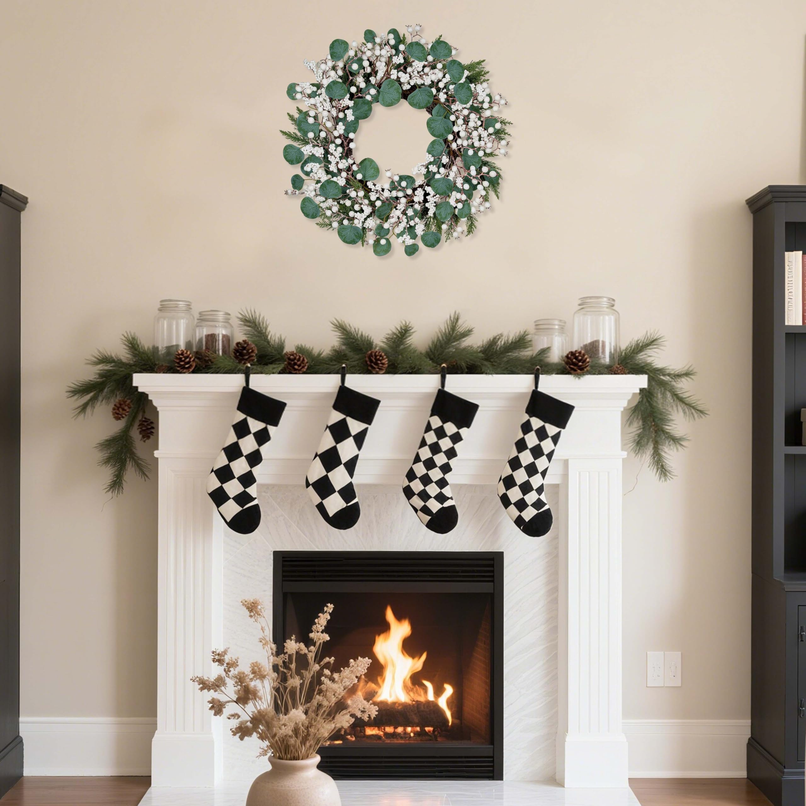 WSTPUPU Artificial Winter Wreath 22inch Christmas Wreaths for Front Door White Berry Wreath with Eucalyptus Leaves Pine Needles White Berries for Xmas Wall Farmhouse Window Winter Holidays