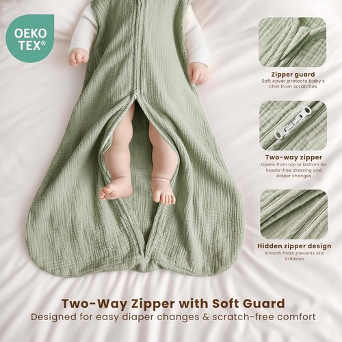 Konssy Muslin Baby Sleep Sack - 100% Cotton Wearable Blanket for 6-12 Months | 2-Pack, 2-Way Zipper, Woodland & Sage