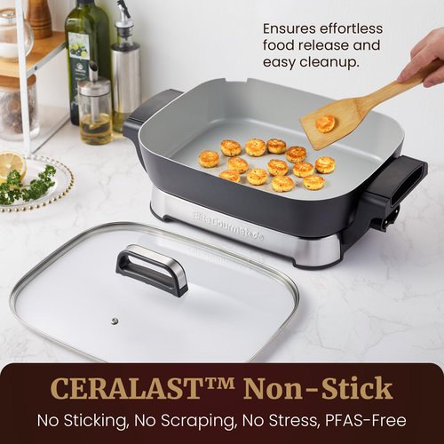 Elite Gourmet 15" x 12" x 3" Stow-Away Foldable Electric Skillet, Ceralast™ PFAS Free Ceramic, 1500W Rapid Heat, Dishwasher Safe Pan & Lid, Black/Grey