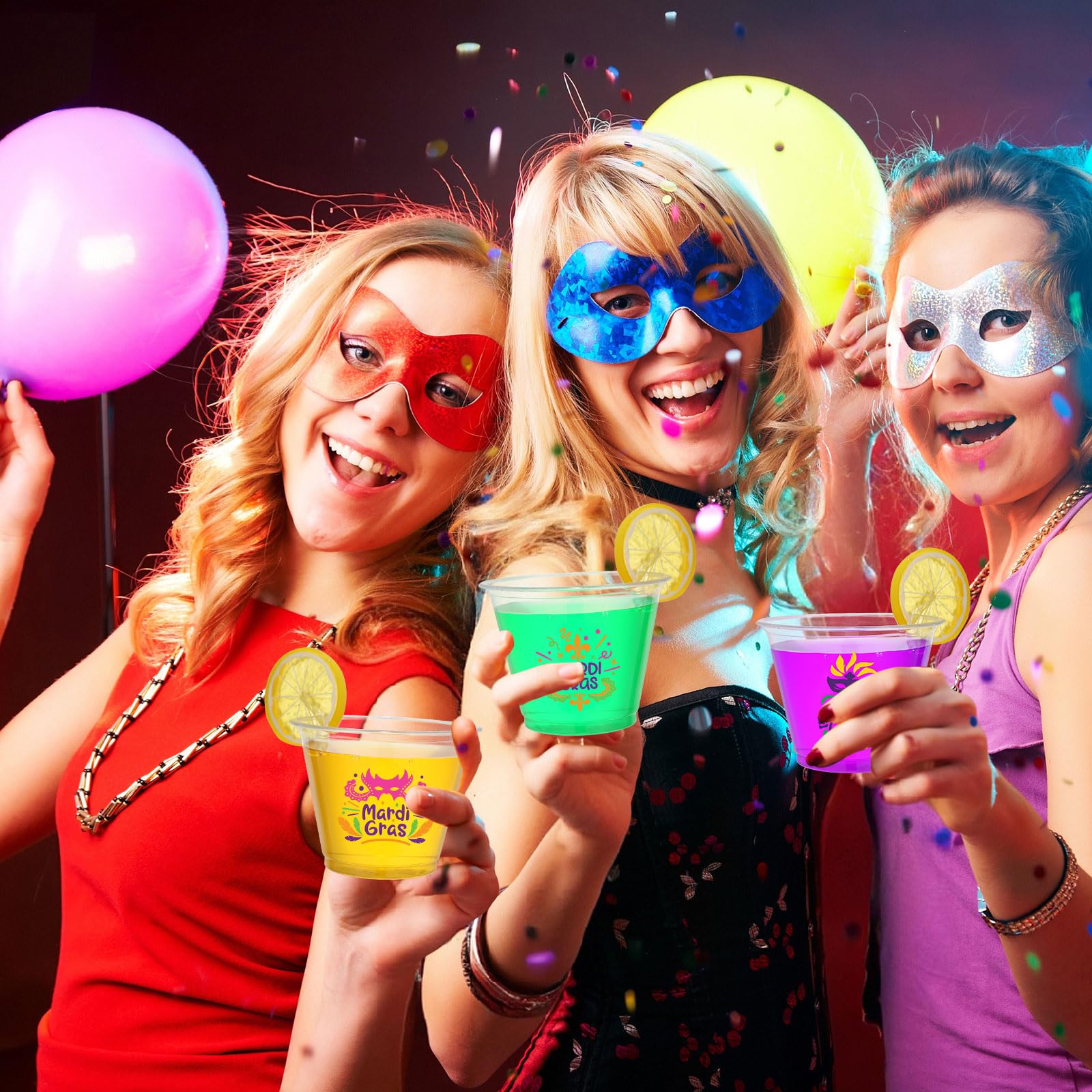 Uiifan 100 Pcs Mardi Gras Cups Bulk 9oz Disposable Plastic Mardi Gras Drinking Cups Carnival Clear Cups Mardi Gras Carnival Party Supplies Suitable for Wine Coffee Tea Juice Soda Beer Beverages