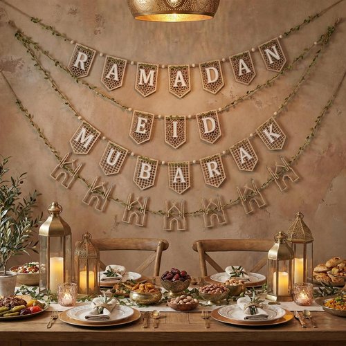 Marsui 4 Pcs Ramadan Eid Mubarak Wood Bead Garland Eid Mubarak Ramadan Hanging Banner Garland Farmhouse Wooden Rustic Neutral Hanging Decor for Party Fireplace Home Wall Sign Decoration
