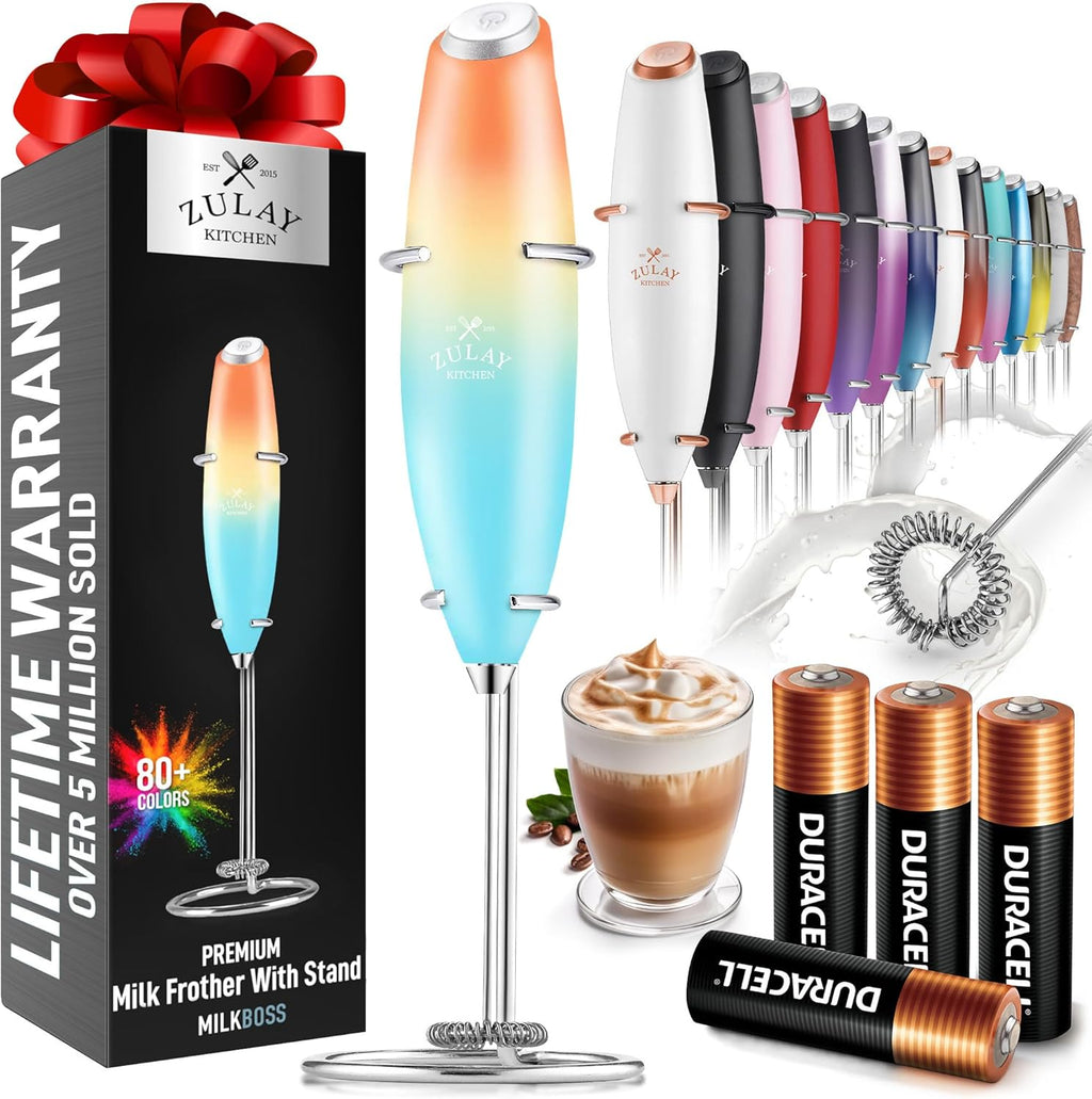 Zulay Kitchen Milk Frother Wand - Ultra-Fast Handheld Drink Mixer with 4 AA Duracell Batteries | Perfect for Coffee, Lattes, Cappuccino, Matcha & Creamer - Sunrise