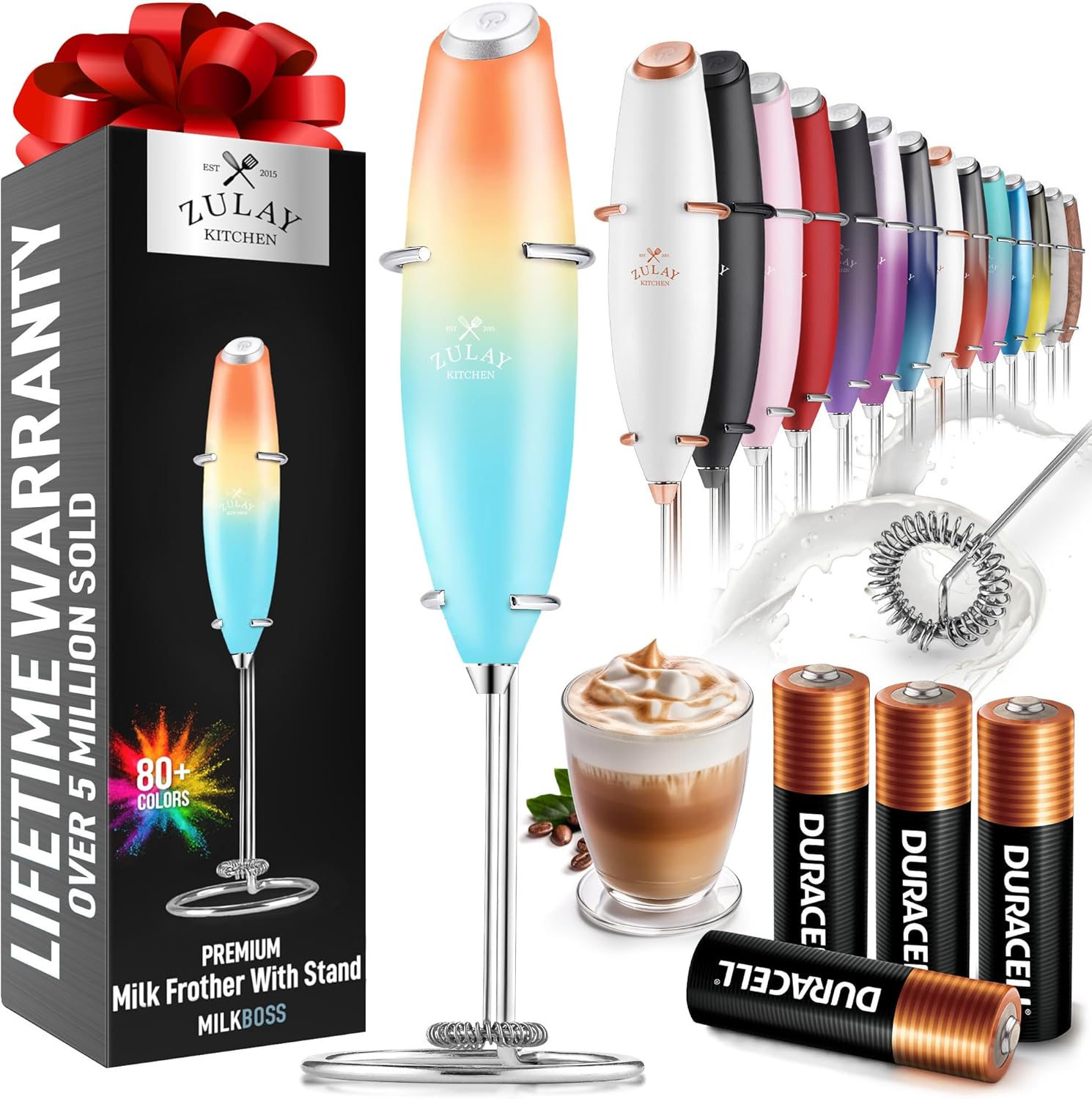 Zulay Kitchen Milk Frother Wand - Ultra-Fast Handheld Drink Mixer with 4 AA Duracell Batteries | Perfect for Coffee, Lattes, Cappuccino, Matcha & Creamer - Sunrise