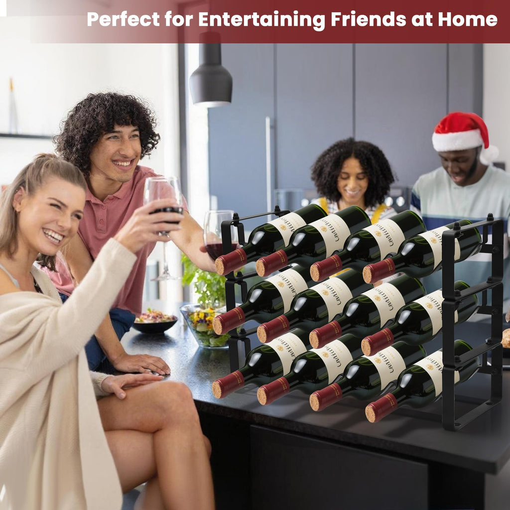STAEVER Black Wine Rack for 12 Bottles – Stackable & Expandable Metal Wine Bottle Holder for Bar Counter, Cabinet, Pantry, or Small Spaces – Modern Freestanding Wine Storage Shelf (3 Tier, Black)